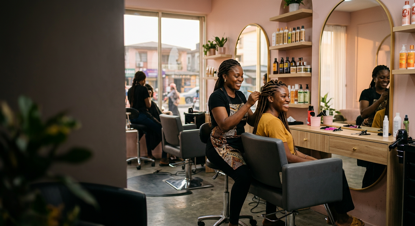 A stylist braiding a client's hair in the salon